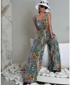 Kadın Askılı Kare Yakalı Desenli Kemersiz Uzun Süprem Tulum