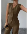 Kadın Askılı önden Düğmeli Bluz Ve Pantolon Keten Ikili Takım