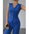 Kadın Askılı önden Düğmeli Bluz Ve Pantolon Keten Ikili Takım