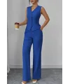 Kadın Askılı önden Düğmeli Bluz Ve Pantolon Keten Ikili Takım