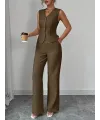Kadın Askılı önden Düğmeli Bluz Ve Pantolon Keten Ikili Takım