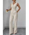 Kadın Askılı önden Düğmeli Bluz Ve Pantolon Keten Ikili Takım