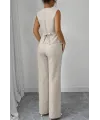 Kadın Askılı önden Düğmeli Bluz Ve Pantolon Keten Ikili Takım
