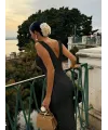 Kadın Askılı V Yakalı Uzun Triko Elbise