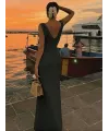 Kadın Askılı V Yakalı Uzun Triko Elbise