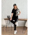 Kadın Bisiklet Yaka Kısa Kol Leopar Desen Bluz Ve Pantolon Ikili Takım
