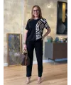 Kadın Bisiklet Yaka Kısa Kol Leopar Desen Bluz Ve Pantolon Ikili Takım
