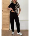 Kadın Bisiklet Yaka Kısa Kol Leopar Desen Bluz Ve Pantolon Ikili Takım