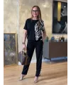 Kadın Bisiklet Yaka Kısa Kol Leopar Desen Bluz Ve Pantolon Ikili Takım