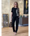 Kadın Bisiklet Yaka Kısa Kol Leopar Desen Bluz Ve Pantolon Ikili Takım