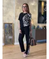 Kadın Bisiklet Yaka Kısa Kol Leopar Desen Bluz Ve Pantolon Ikili Takım
