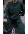 Kadın Bisiklet Yaka Nakış İşlemeli 3 İplik Pamuklu Sweat Alt-Üst Takım - Yeşil