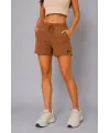 Kadın Dokuma Kumaş Cepli Bağcıklı Regular Fit Yazlık Şort - Kahverengi