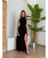 Kadın Halter Yaka Derin Yırtmaç Detaylı Tam Boy Ithal Krep Abiye Elbise