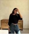 Kadın Kayık Yaka Yarasa Kol Dökümlü Kısa Bluz