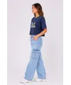 Kadın Kedi Baskılı Oversize Crop Tişört Salaş Basic Yarım Kol T-shirt - Lacivert