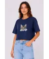 Kadın Kedi Baskılı Oversize Crop Tişört Salaş Basic Yarım Kol T-shirt - Lacivert