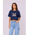 Kadın Kedi Baskılı Oversize Crop Tişört Salaş Basic Yarım Kol T-shirt - Lacivert