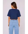 Kadın Kedi Baskılı Oversize Crop Tişört Salaş Basic Yarım Kol T-shirt - Lacivert