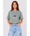 Kadın Kedi Baskılı Oversize Crop Tişört Salaş Basic Yarım Kol T-shirt - Mint Yeşili