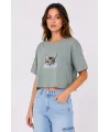 Kadın Kedi Baskılı Oversize Crop Tişört Salaş Basic Yarım Kol T-shirt - Mint Yeşili