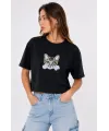 Kadın Kedi Baskılı Oversize Crop Tişört Salaş Basic Yarım Kol T-shirt - Siyah