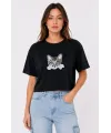 Kadın Kedi Baskılı Oversize Crop Tişört Salaş Basic Yarım Kol T-shirt - Siyah