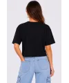 Kadın Kedi Baskılı Oversize Crop Tişört Salaş Basic Yarım Kol T-shirt - Siyah