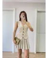 Kadın Keten Takım Görünümlü Düğme Detaylı Yelekli Mini Elbise - Bej