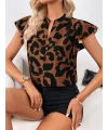 Kadın Kısa Fırfır Kollu V Yakalı Leopar Desenli Süprem Bluz