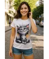 Kadın Kısa Kollu Bisiklet Yaka Kedi Baskılı Süprem Bluz