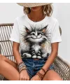 Kadın Kısa Kollu Bisiklet Yaka Kedi Baskılı Süprem Bluz