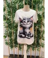 Kadın Kısa Kollu Bisiklet Yaka Kedi Baskılı Süprem Bluz