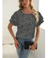 Kadın Kısa Kollu Kolları Volanlı Baskılı Süprem Bluz