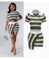Kadın Kısa Kollu Polo Yaka Crop Asimetrik Mini Triko Etek Ikili Takım