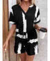 Kadın Kısa Kollu V Yakalı Desenli Bluz Ve Short Ikili Süprem Takım