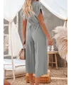 Kadın Kısa Kollu V Yakalı Düğmeli Kuşaklı Cep Detaylı Uzun Tulum