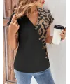 Kadın Kısa Kollu V Yakalı önden Düğmeli Leopar Desen Detaylı Viskon Bluz