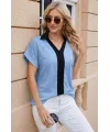 Kadın Kısa Kollu V Yakalı önden şerit Detaylı Sandy Bluz