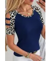 Kadın Kısa Kollu Yuvarlak Yaka Kollarda şerit Detaylı Leoparlı Viskon Bluz