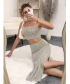 Kadın Kolsuz Askılı Crop Yırtmaçlı Midi Etek Fitilli Kaşkorse Takım
