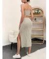 Kadın Kolsuz Askılı Crop Yırtmaçlı Midi Etek Fitilli Kaşkorse Takım