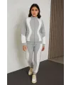 Kadın Premium Parçalı Eşofman Alt-Üst Takım - Dik Yaka Fermuarlı Sweatshirt - Gri