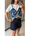 Kadın şal Desen Detay Bluz Ve Keten şort Ikili Takım