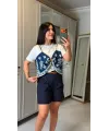 Kadın şal Desen Detay Bluz Ve Keten şort Ikili Takım