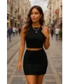 Kadın Sıfır Kol Crop Mini Etek Ikili Triko Takım