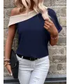 Kadın Tek Omuzu Açık Asimetrik Yaka Detaylı çift Renkli Ithal Krep Bluz