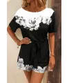 Kadın Tek Omuzu Açık çiçek Desenli Beli Kuşaklı Iki Iplik Mini Short Tulum