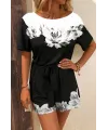 Kadın Tek Omuzu Açık çiçek Desenli Beli Kuşaklı Iki Iplik Mini Short Tulum