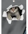 Kadın Uzun Kollu Bisiklet Yaka Kedi Desenli Viskon Iki Iplik Bluz